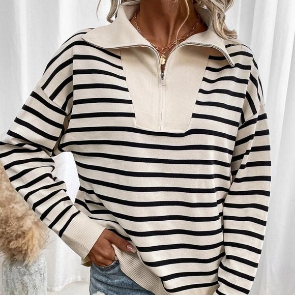 Casual Womens Striped Pattern Quarter Zip Drop Shoulder Sweater old money - Picture 3 of 5